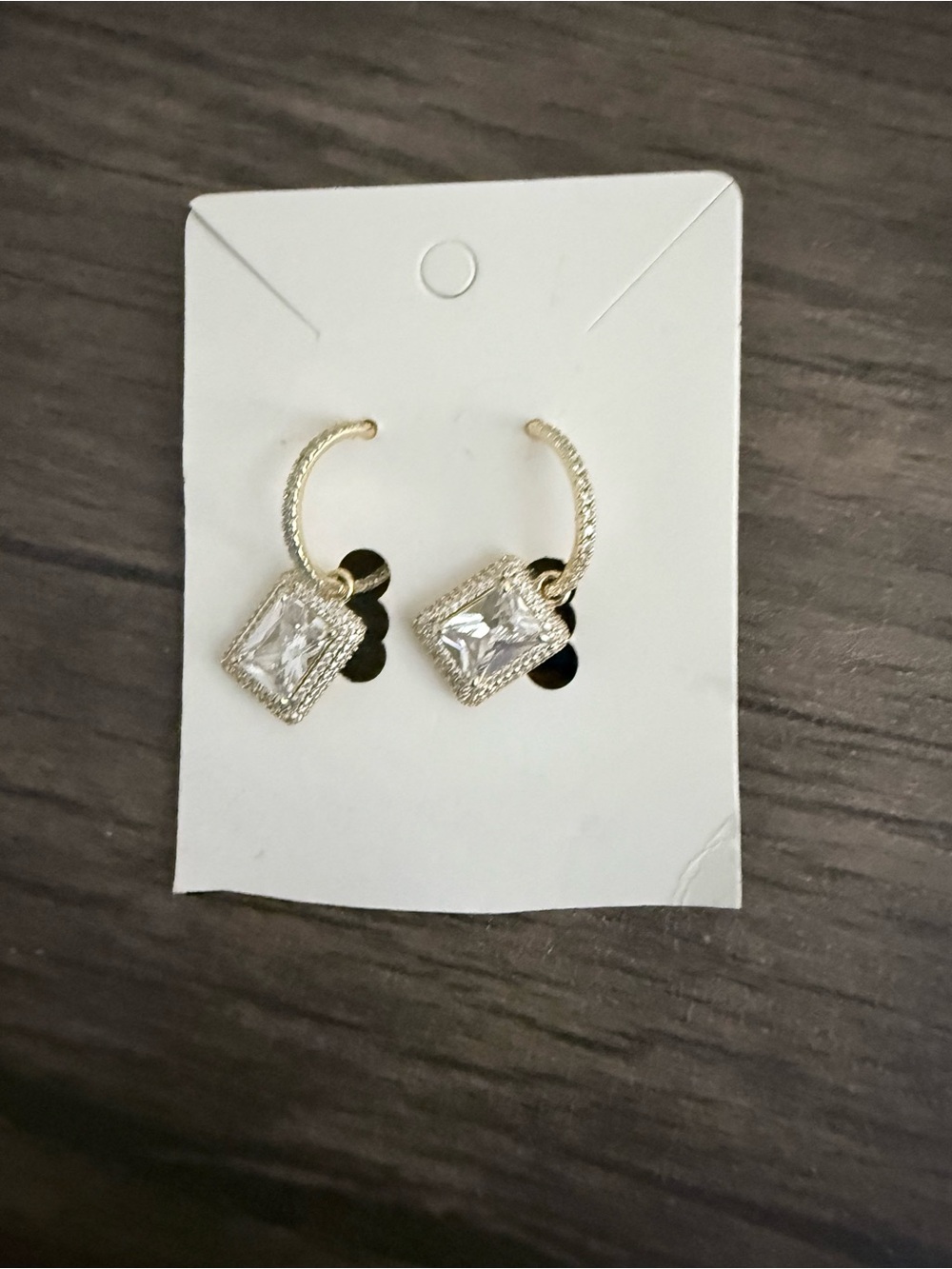 Gold-Tone Hoop Earrings with Rectangular Clear Crystal Drops